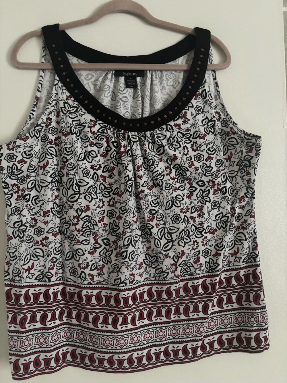 Style & Co. Floral Print Tank Top in White and Black with Studded Neckline